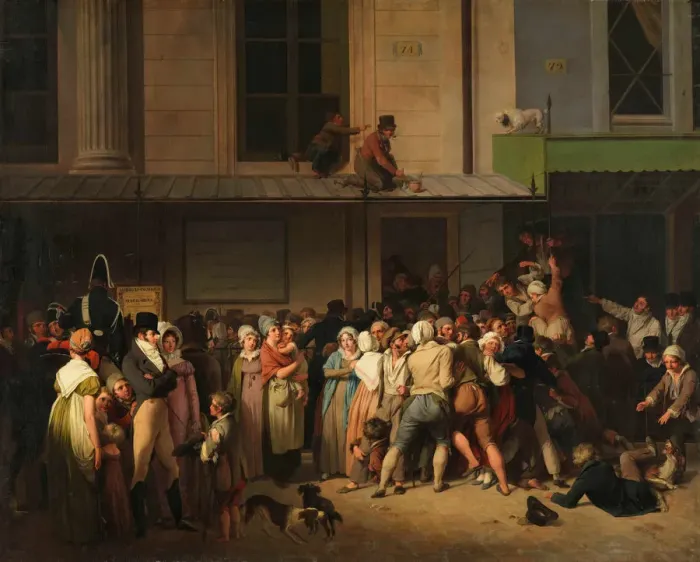 Framed Print : The entrance to the Theatre de l Ambigu-Comique on the day of a free show, ca 1819 Framed Print : The entrance to the Theatre de l Ambigu-Comique on the day of a free show, ca 1819