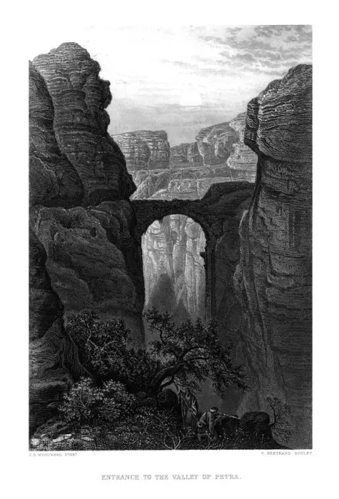 Framed Print : Entrance to the Valley of Petra. c1880. Artist: John Douglas Woodward Framed Print : Entrance to the Valley of Petra. c1880. Artist: John Douglas Woodward