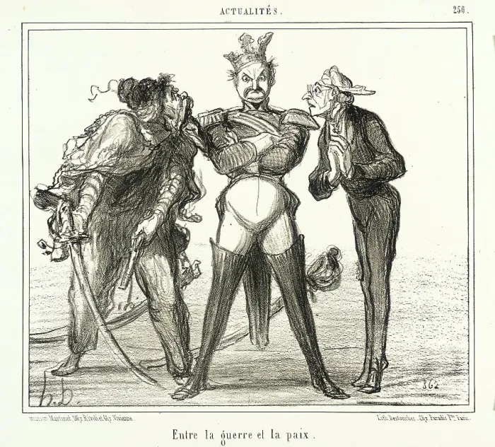 Framed Print : Entre la guerre et la paix, 1855. Creator: Honore Daumier Framed Print : Entre la guerre et la paix, 1855. Creator: Honore Daumier