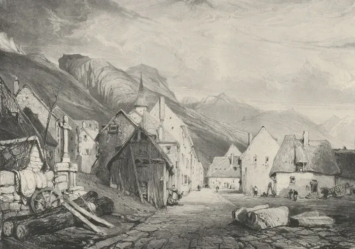 Framed Print : Entree du village des Bains, 1831. Creators: Godefroy Engelmann, Eugene Ciceri Framed Print : Entree du village des Bains, 1831. Creators: Godefroy Engelmann, Eugene Ciceri