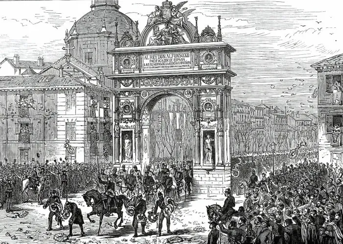 Framed Print : Entry of Alfonso XII. Into Madrid: Triumphal Arch in the Calle de Alcala, 1876. Creator: Unknown Framed Print : Entry of Alfonso XII. Into Madrid: Triumphal Arch in the Calle de Alcala, 1876. Creator: Unknown