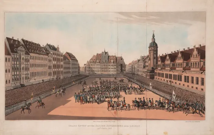 Framed Print : The Entry of the Allied Sovereigns into Leipzig on 19 October 1813. Artist: Anonymous, 19th century Framed Print : The Entry of the Allied Sovereigns into Leipzig on 19 October 1813. Artist: Anonymous, 19th century