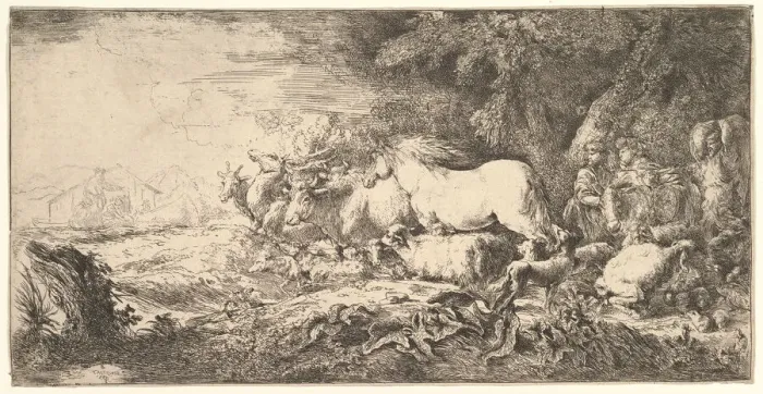 Framed Print : Entry of the animals into Noahs ark, three men follow quadrupeds and birds stridin Framed Print : Entry of the animals into Noahs ark, three men follow quadrupeds and birds stridin