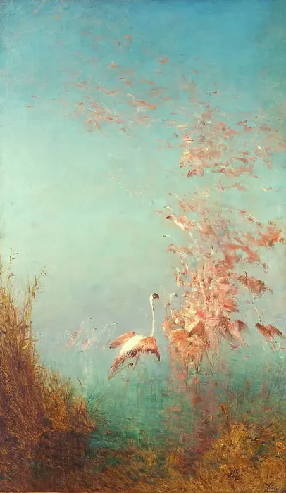 Framed Print : Envol de flamants roses, étang de Vaccarès, between 1890 and 1895. Creator: Felix Francois Georges Philibert Ziem Framed Print : Envol de flamants roses, étang de Vaccarès, between 1890 and 1895. Creator: Felix Francois Georges Philibert Ziem
