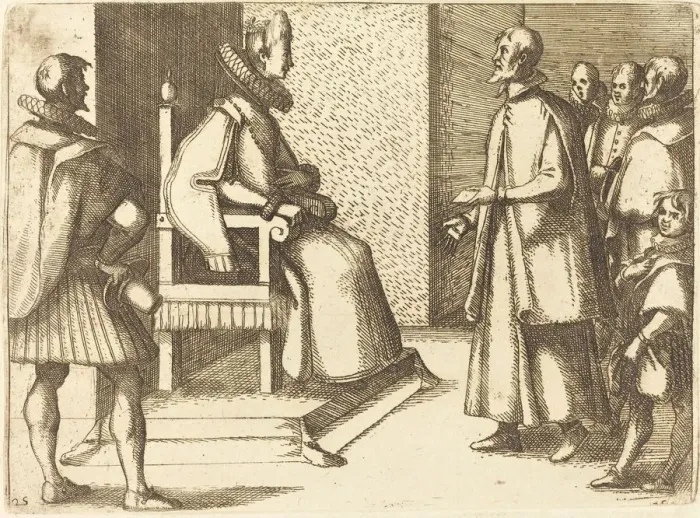 Framed Print : The Envoy of Tuscany Thanking the Queen, 1612. Creator: Jacques Callot Framed Print : The Envoy of Tuscany Thanking the Queen, 1612. Creator: Jacques Callot