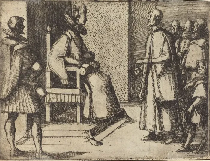Framed Print : The Envoy of Tuscany thanking the Queen [verso], 1612. Creator: Jacques Callot