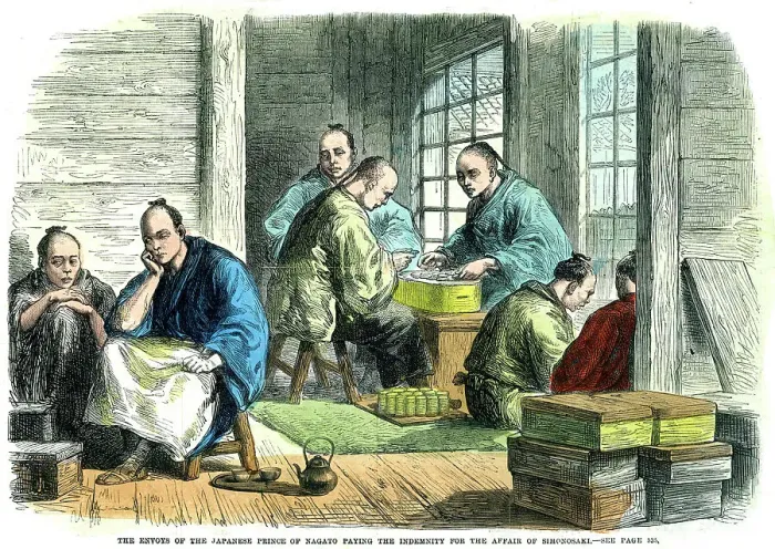 Framed Print : Envoys of the Japanese Prince of Nagato paying the indemnity for the affair of Simonosaki, 1865 Framed Print : Envoys of the Japanese Prince of Nagato paying the indemnity for the affair of Simonosaki, 1865