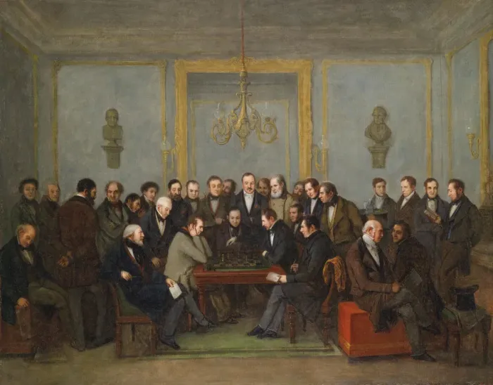 Framed Print : Epic Chess Match Between Pierre Saint Amant And Howard Staunton in 1843. Artist: Marlet, Jean Henri (1771-1847) Framed Print : Epic Chess Match Between Pierre Saint Amant And Howard Staunton in 1843. Artist: Marlet, Jean Henri (1771-1847)