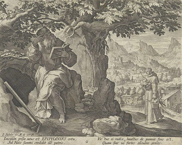 Epiphanius, from the series Sylvae Sacrae Monumenta...Anachoretarum, 1593-94. Creators: Martin de Vos, Johann Sadeler I