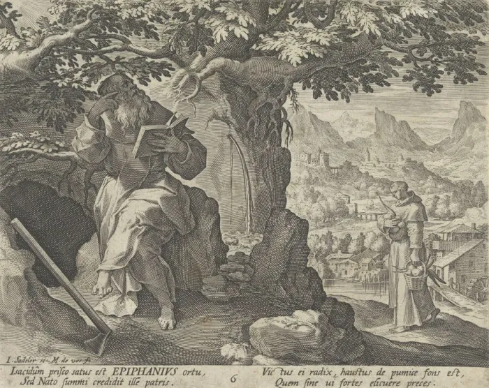 Framed Print : Epiphanius, from the series Sylvae Sacrae Monumenta... Anachoretarum, 1593-94. Creators: Martin de Vos, Johann Sadeler I Framed Print : Epiphanius, from the series Sylvae Sacrae Monumenta... Anachoretarum, 1593-94. Creators: Martin de Vos, Johann Sadeler I