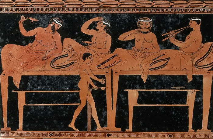 Framed Print : An episode on a Greek red-figured wine-mixing bowl (bell-krater): four reclining... 1760-9. Creator: Augustin Dahlsteen Framed Print : An episode on a Greek red-figured wine-mixing bowl (bell-krater): four reclining... 1760-9. Creator: Augustin Dahlsteen