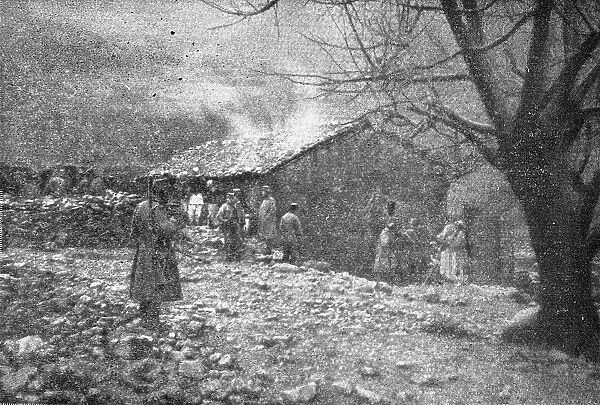 Episodes de la retraite de la IIIe armee; La masure albanaise ou le vieux roi Pierre... 1916. Creator: R. Marianovitch
