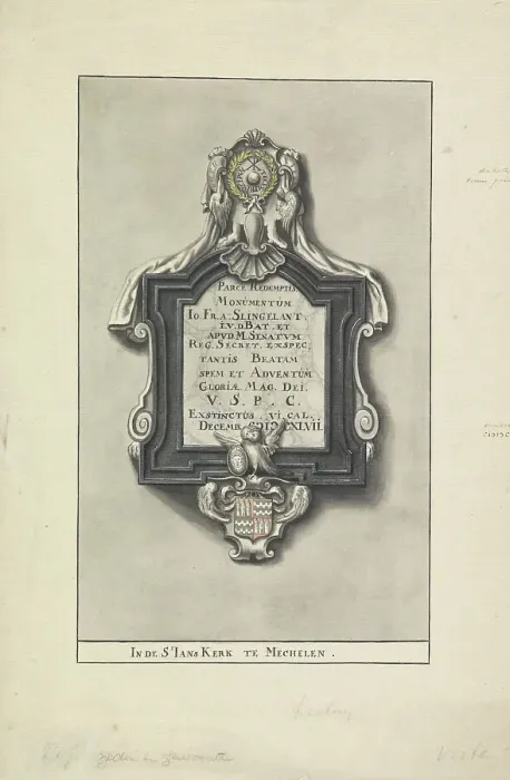 Framed Print : Epitaph of IO. Fr. A Slingelant, 1647 or later. Creator: Anon Framed Print : Epitaph of IO. Fr. A Slingelant, 1647 or later. Creator: Anon