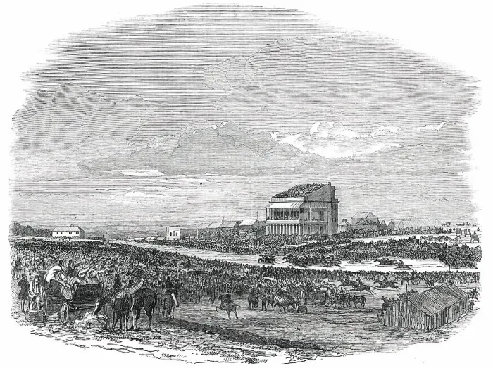 Framed Print : Epsom - the Race for The Derby Stakes, 1850. Creator: Unknown. Epsom - the Race for The Derby Stakes, 1850. Creator: Unknown Framed Print : Epsom - the Race for The Derby Stakes, 1850. Creator: Unknown. Epsom - the Race for The Derby Stakes, 1850. Creator: Unknown
