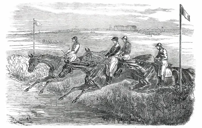 Framed Print : Epsom Spring Meeting - Great Metropolitan Steeple-Chase: the Jump at the Brook, 1850. Creator: Smyth Framed Print : Epsom Spring Meeting - Great Metropolitan Steeple-Chase: the Jump at the Brook, 1850. Creator: Smyth