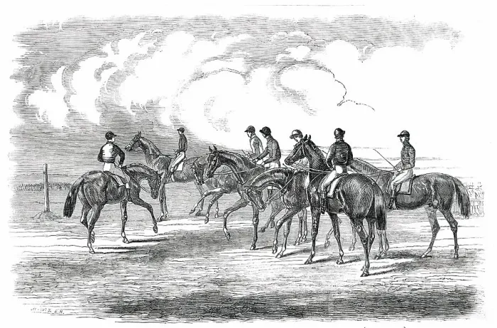 Framed Print : Epsom Spring Meeting...Preparing to Start for the Great Metropolitan Stakes, 1850. Creator: Unknown Framed Print : Epsom Spring Meeting...Preparing to Start for the Great Metropolitan Stakes, 1850. Creator: Unknown
