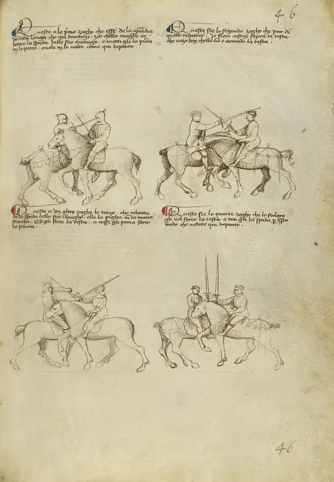 Framed Print : Equestrian Combat with Sword; Fior di Battaglia, about 1410. Creator: Fiore Furlan dei Liberi da Premariacco Framed Print : Equestrian Combat with Sword; Fior di Battaglia, about 1410. Creator: Fiore Furlan dei Liberi da Premariacco