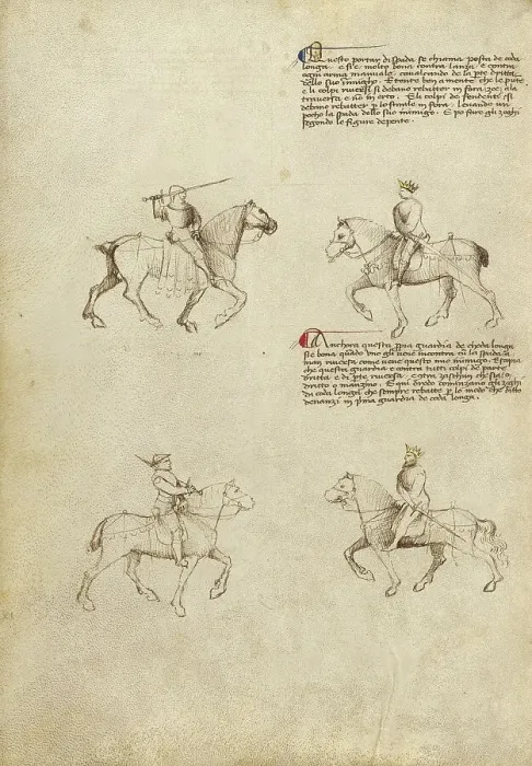 Framed Print : Equestrian Combat with Sword; Fior di Battaglia, about 1410. Creator: Fiore Furlan dei Liberi da Premariacco Framed Print : Equestrian Combat with Sword; Fior di Battaglia, about 1410. Creator: Fiore Furlan dei Liberi da Premariacco
