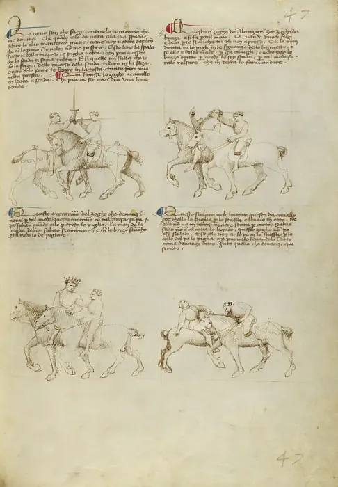 Framed Print : Equestrian Combat with Sword and Unarmed Equestrian Combat, about 1410. Creator: Unknown