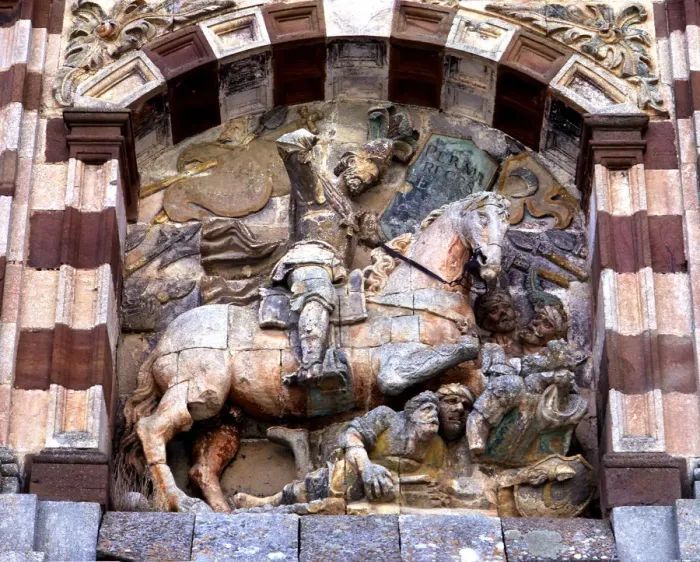 Framed Print : Equestrian figure on the facade of the Monastery of San Pedro de Cardena, Trappist Framed Print : Equestrian figure on the facade of the Monastery of San Pedro de Cardena, Trappist