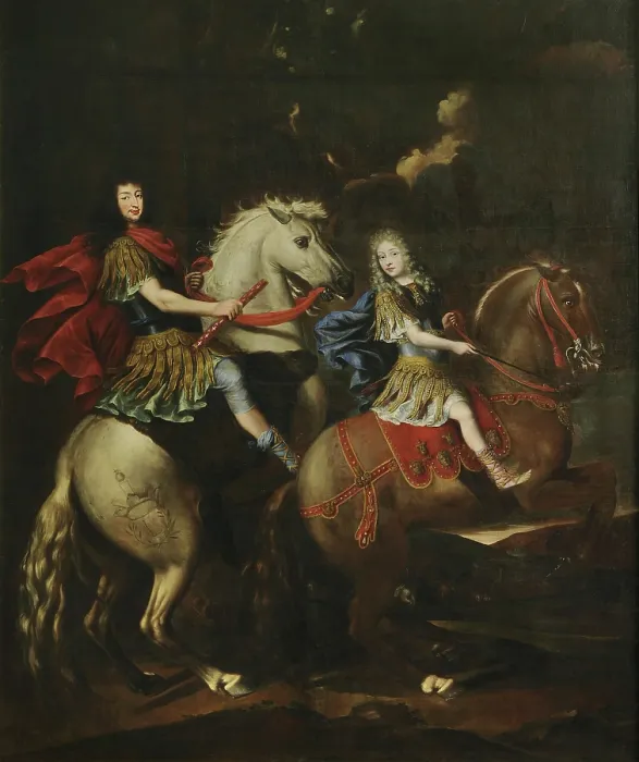 Framed Print : Equestrian portrait of Charles Emmanuel II of Savoy (1634-1675) with his son Victor... c1675. Creator: Brambilla, Giovanni Battista (active 1770) Framed Print : Equestrian portrait of Charles Emmanuel II of Savoy (1634-1675) with his son Victor... c1675. Creator: Brambilla, Giovanni Battista (active 1770)
