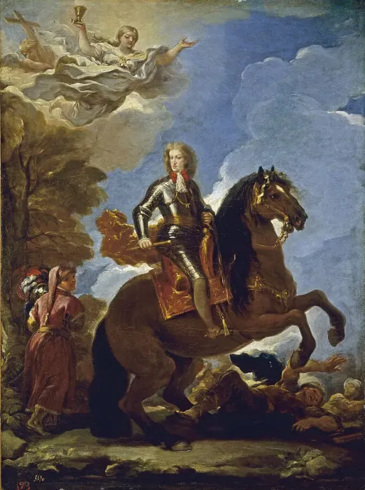Framed Print : Equestrian Portrait of Charles II of Spain, before 1694. Artist: Giordano, Luca (1632-1705) Framed Print : Equestrian Portrait of Charles II of Spain, before 1694. Artist: Giordano, Luca (1632-1705)