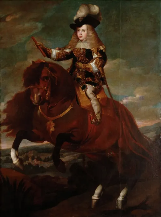 Framed Print : Equestrian Portrait of Charles II of Spain, 1671. Creator: Herrera Barnuevo, Sebastian de (1619-1671) Framed Print : Equestrian Portrait of Charles II of Spain, 1671. Creator: Herrera Barnuevo, Sebastian de (1619-1671)