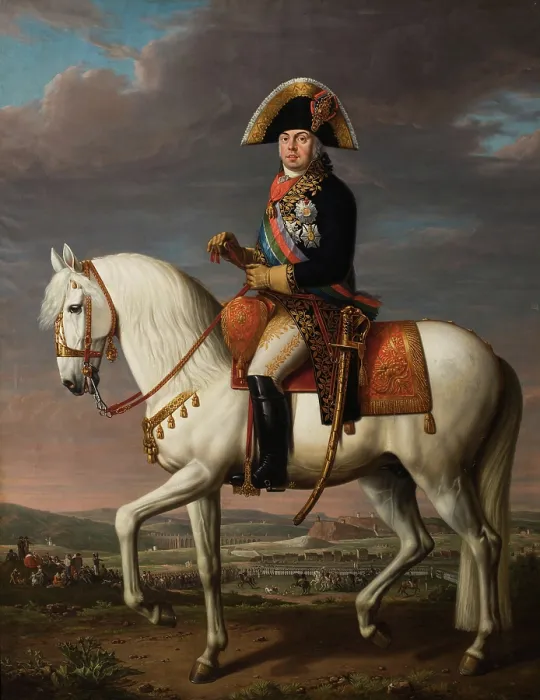 Framed Print : Equestrian Portrait of Dom John VI (1767-1826), King of Portugal, Brazil and the Algarves. Creator: Delerive, Nicolas-Louis-Albert (1755-1818) Framed Print : Equestrian Portrait of Dom John VI (1767-1826), King of Portugal, Brazil and the Algarves. Creator: Delerive, Nicolas-Louis-Albert (1755-1818)