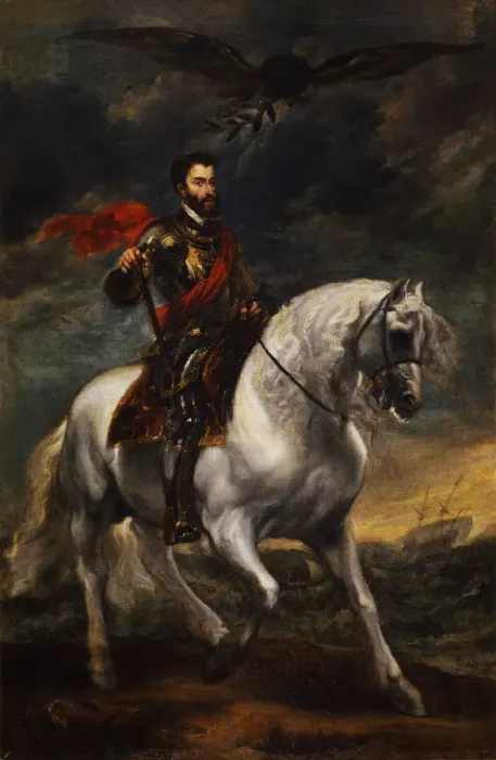 Framed Print : Equestrian portrait of the Emperor Charles V, c. 1620. Artist: Dyck, Sir Anthonis, van (1599-1641) Framed Print : Equestrian portrait of the Emperor Charles V, c. 1620. Artist: Dyck, Sir Anthonis, van (1599-1641)