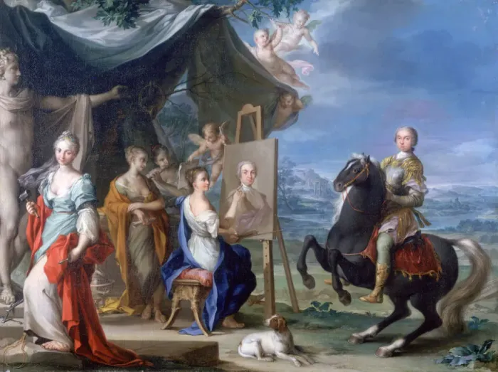 Framed Print : Equestrian Portrait of a Nobleman as Protector of the Arts, c1699-1748. Artist: Ignaz Stern Framed Print : Equestrian Portrait of a Nobleman as Protector of the Arts, c1699-1748. Artist: Ignaz Stern