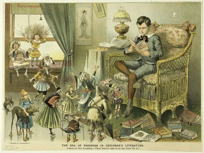 Framed Print : The Era of Progress in Children's Literature, from Puck, c. 1886. Creator: Frederick Burr Opper Framed Print : The Era of Progress in Children's Literature, from Puck, c. 1886. Creator: Frederick Burr Opper