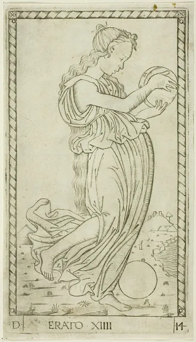 Framed Print : Erato, plate fourteen from Apollo and the Muses, c.1465. Creator: Unknown Framed Print : Erato, plate fourteen from Apollo and the Muses, c.1465. Creator: Unknown