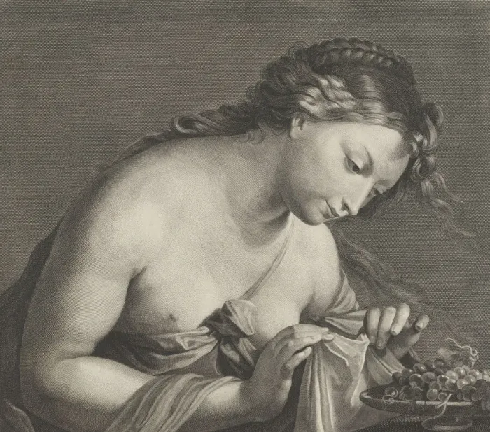 Framed Print : Erigone leaning over a platter of grapes and lifting a piece of cloth with both hands