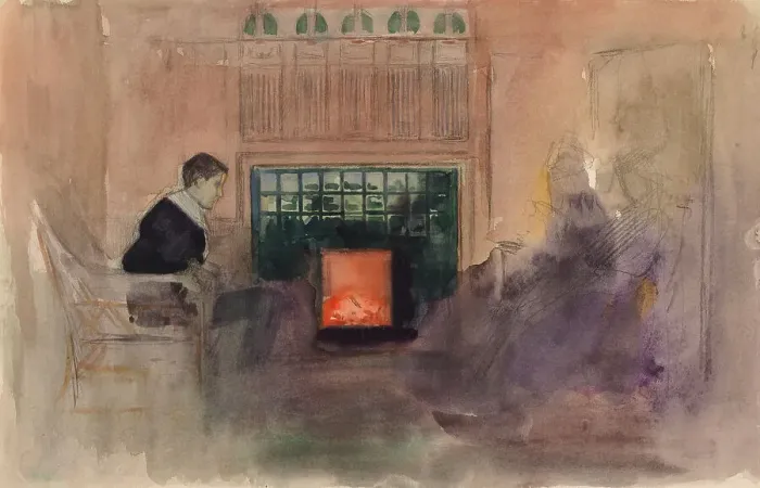 Framed Print : Erik Edelfelt Sitting by the Fire in the Villa in Kilo, c1898. Creator: Albert Edelfelt Framed Print : Erik Edelfelt Sitting by the Fire in the Villa in Kilo, c1898. Creator: Albert Edelfelt