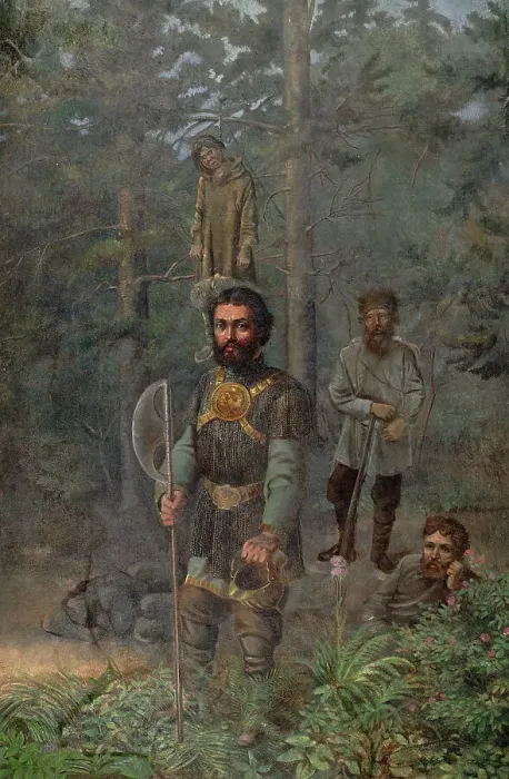 Framed Print : Ermak's punitive raid, 2nd half of 19th century. Creator: Mikhail Znamensky Framed Print : Ermak's punitive raid, 2nd half of 19th century. Creator: Mikhail Znamensky