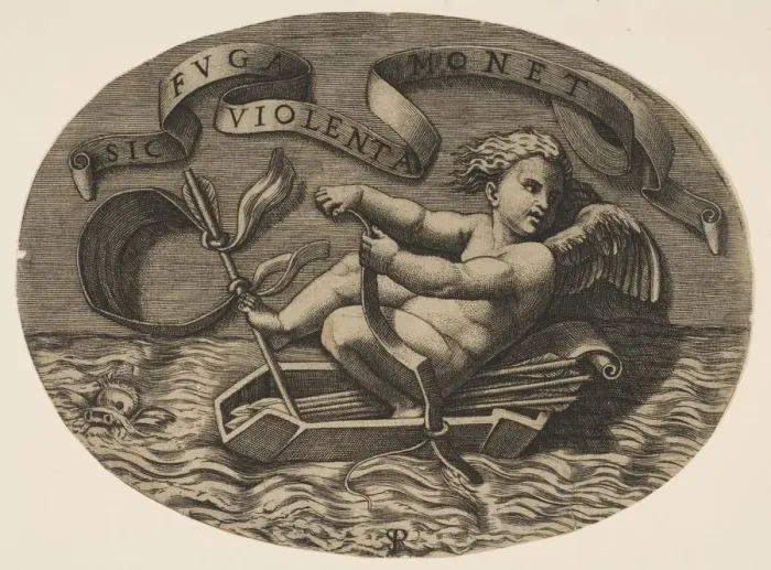 Framed Print : Eros escaping by sea using his bow to propel a boat made from his quiver with an ar Framed Print : Eros escaping by sea using his bow to propel a boat made from his quiver with an ar