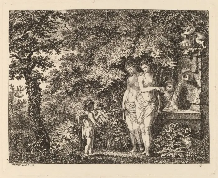 Framed Print : Eros with Three Girls at a Fountain, 1770. Creator: Salomon Gessner Framed Print : Eros with Three Girls at a Fountain, 1770. Creator: Salomon Gessner