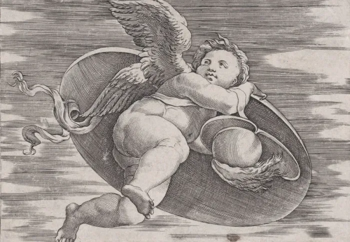 Framed Print : Eros Stealing Mans Shield, ca. 1514-36. Creator: Agostino Veneziano Framed Print : Eros Stealing Mans Shield, ca. 1514-36. Creator: Agostino Veneziano