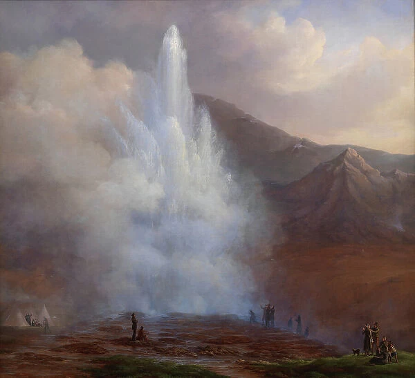 The Eruption of the Great Geyser in Iceland in 1834, 1835. Creator: Friedrich Theodore Kloss