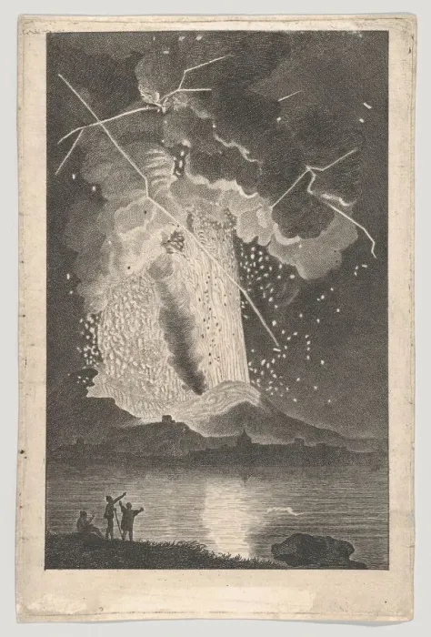Framed Print : Eruption of a Volcano (Vesuvius) seen from across the Bay, 18th century. 18th century. Creator: Anon