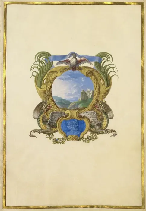 Framed Print : Escutcheon with a Castle; Three Emblems for Louis XIV, about 1663-1668. Creator: Jacques Bailly Framed Print : Escutcheon with a Castle; Three Emblems for Louis XIV, about 1663-1668. Creator: Jacques Bailly