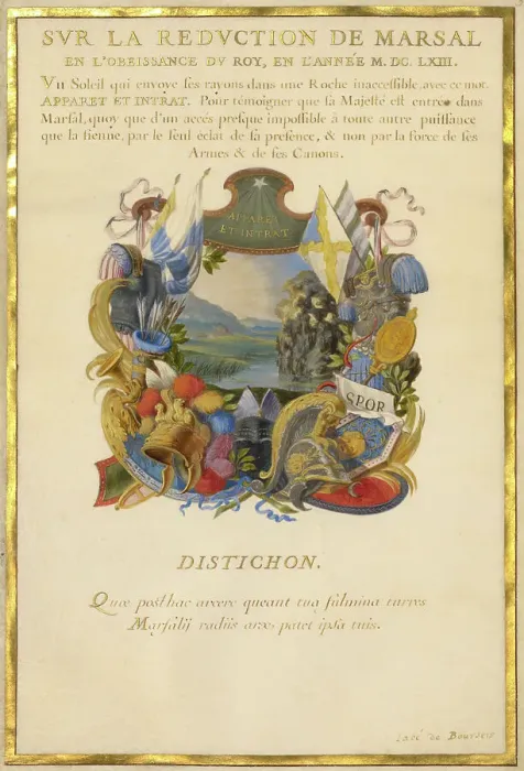 Framed Print : Escutcheon with a Landscape; Nine Emblems for Louis XIV, about 1663-1668. Creator: Jacques Bailly Framed Print : Escutcheon with a Landscape; Nine Emblems for Louis XIV, about 1663-1668. Creator: Jacques Bailly