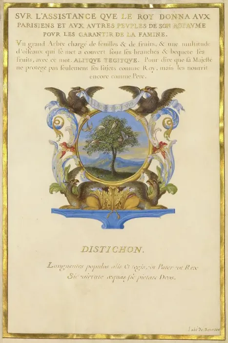 Framed Print : Escutcheon with a Landscape; Three Emblems for Louis XIV, about 1663-1668. Creator: Jacques Bailly Framed Print : Escutcheon with a Landscape; Three Emblems for Louis XIV, about 1663-1668. Creator: Jacques Bailly