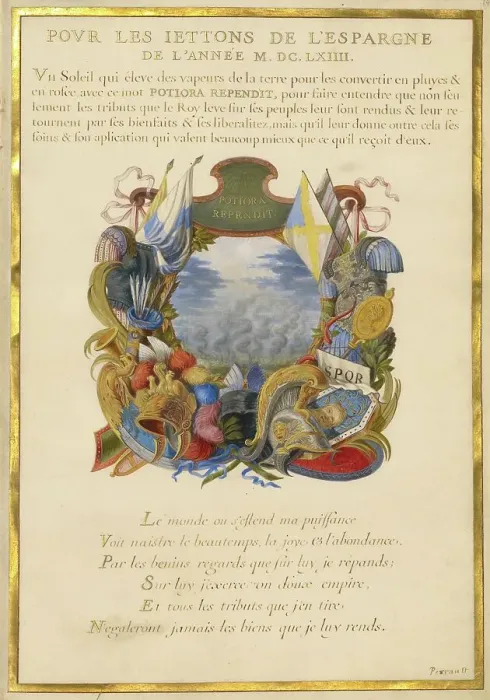Framed Print : Escutcheon with a Landscape; Nine Emblems for Louis XIV, about 1663-1668. Creator: Jacques Bailly