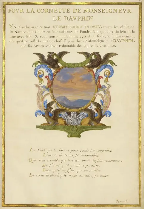 Framed Print : Escutcheon with a Landscape; Nine Emblems for Louis XIV, about 1663-1668. Creator: Jacques Bailly Framed Print : Escutcheon with a Landscape; Nine Emblems for Louis XIV, about 1663-1668. Creator: Jacques Bailly
