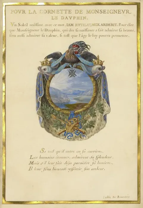 Framed Print : Escutcheon with a Landscape; Nine Emblems for Louis XIV, about 1663-1668. Creator: Jacques Bailly Framed Print : Escutcheon with a Landscape; Nine Emblems for Louis XIV, about 1663-1668. Creator: Jacques Bailly