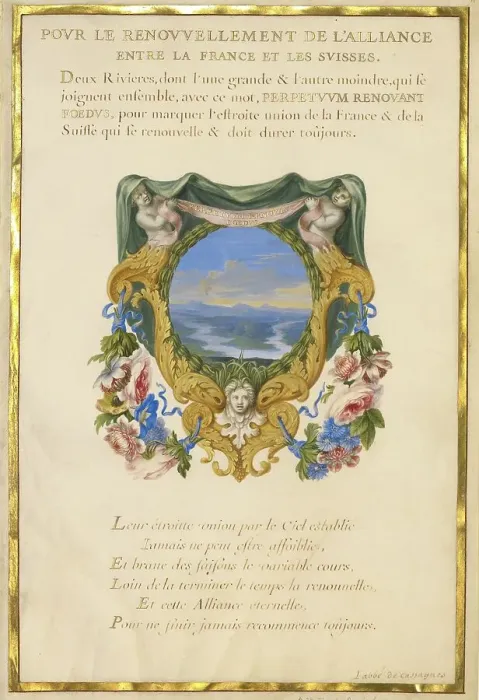 Framed Print : Escutcheon with a Landscape; Nine Emblems for Louis XIV; Emblem for Louis XIV, about 1663-1668. Creator: Jacques Bailly Framed Print : Escutcheon with a Landscape; Nine Emblems for Louis XIV; Emblem for Louis XIV, about 1663-1668. Creator: Jacques Bailly