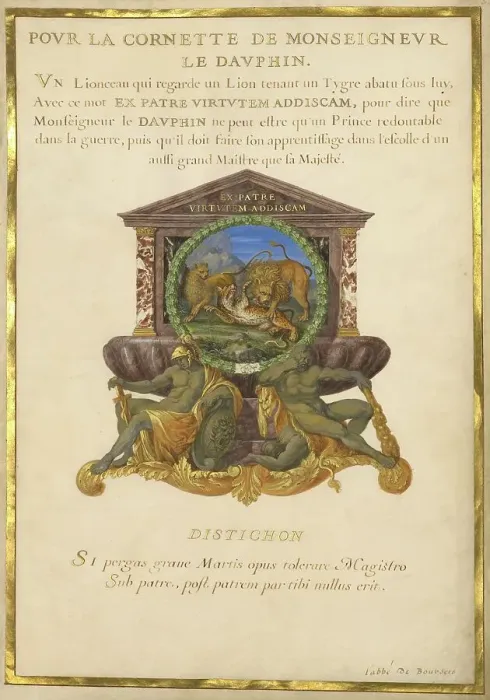 Framed Print : Escutcheon with a Lion Attacking a Cheetah; Nine Emblems for Louis XIV, about 1663-1668. Creator: Jacques Bailly Framed Print : Escutcheon with a Lion Attacking a Cheetah; Nine Emblems for Louis XIV, about 1663-1668. Creator: Jacques Bailly