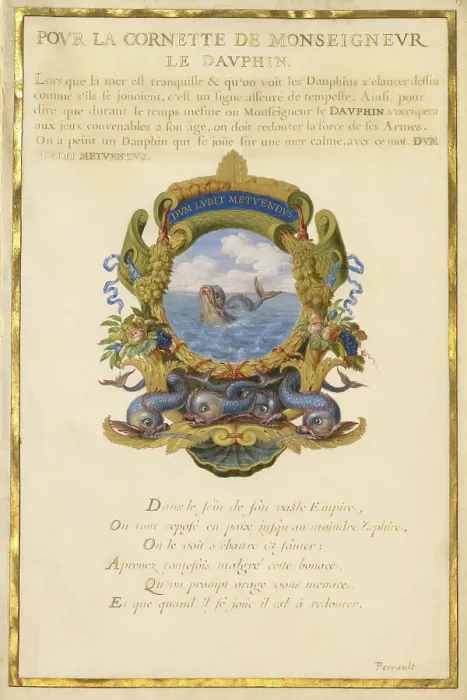 Framed Print : Escutcheon with a Sea Monster; Nine Emblems for Louis XIV, about 1663-1668. Creator: Jacques Bailly Framed Print : Escutcheon with a Sea Monster; Nine Emblems for Louis XIV, about 1663-1668. Creator: Jacques Bailly