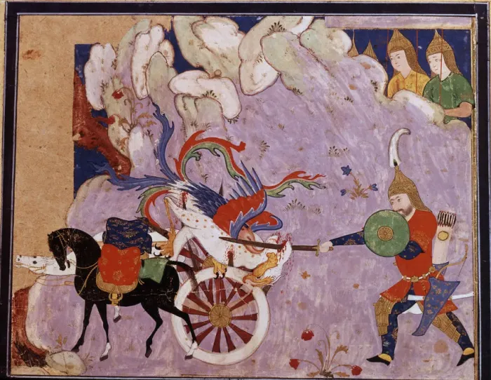 Framed Print : Esfandiyar murders Simurgh (Manuscript illumination from the epic Shahname by Ferdowsi) Framed Print : Esfandiyar murders Simurgh (Manuscript illumination from the epic Shahname by Ferdowsi)